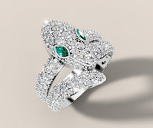 Load image into Gallery viewer, Diamond Snake Ring with Emerald Eyes in 14k Gold