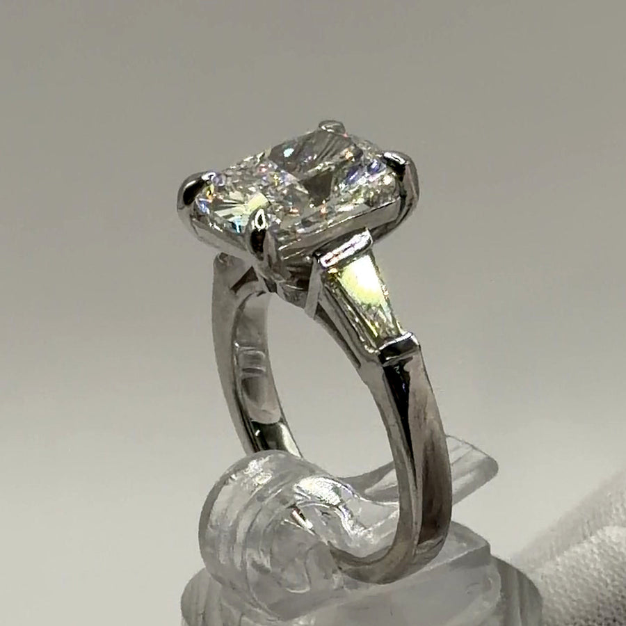 Cushion lab diamond ring with tapered baguettes in 14k white gold, three-quarter view