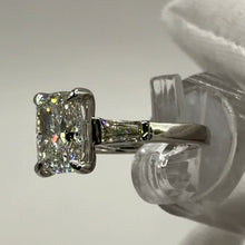 Load image into Gallery viewer, Side profile of the cushion ring showing the basket and baguette
