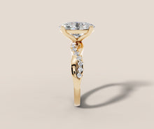 Load image into Gallery viewer, Side profile of oval diamond twist ring showing the row of round brilliants along one strand of the shank and the open basket beneath the center stone