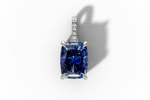 Load image into Gallery viewer, Cushion-cut blue sapphire pendant with pave diamond bail in 14k white gold, front view