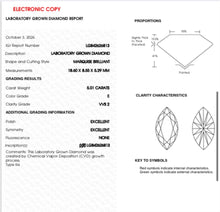 Load image into Gallery viewer, IGI report LG842626813: 5.01 carat marquise lab-grown diamond, E color, VVS2