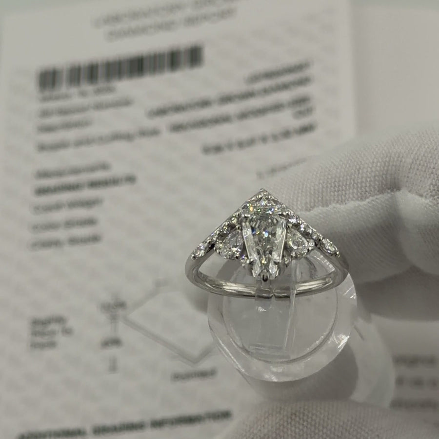 Coffin-cut lab diamond engagement ring in 14k gold, front view showing the marquise, pear and round diamond crown