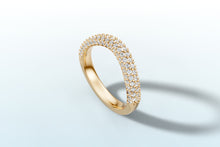 Load image into Gallery viewer, Pave dome wedding band in 14k yellow gold with three rows of round lab diamonds, angled view