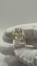 Load image into Gallery viewer, Three-stone radiant diamond engagement ring, profile view showing the pave band