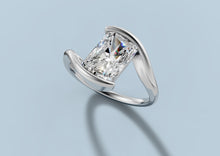 Load image into Gallery viewer, Radiant-cut lab diamond engagement ring in a half-bezel bypass setting with a slim rounded shank in 14k white gold, three-quarter view