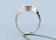 Load image into Gallery viewer, Front view through the band of the radiant diamond bypass ring showing the two arms crossing above the finger in 14k white gold