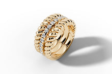 Load image into Gallery viewer, Close-up angled view of 14k gold triple-row band with pave diamond center channel between twisted rope edges