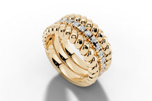 Load image into Gallery viewer, Twisted rope and pave diamond band in 14k yellow gold, angled view showing two rope-twist rows framing a center row of pave-set round diamonds