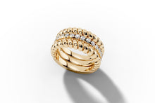 Load image into Gallery viewer, Top-down view of 14k gold twisted rope band with round pave diamonds running along the center row