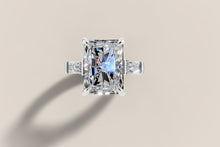 Load image into Gallery viewer, Radiant-cut lab diamond ring with tapered baguette side stones in 14k white gold, face-up view