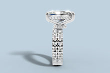 Load image into Gallery viewer, Side profile of radiant diamond ring set revealing the hidden halo of round brilliants under the basket and the two flush eternity rows