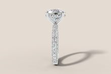 Load image into Gallery viewer, Front view of the three-sided pave band and hidden halo setting in 14k gold