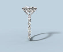 Load image into Gallery viewer, Side profile of radiant diamond ring revealing the hidden halo of round brilliants and the slim alternating band