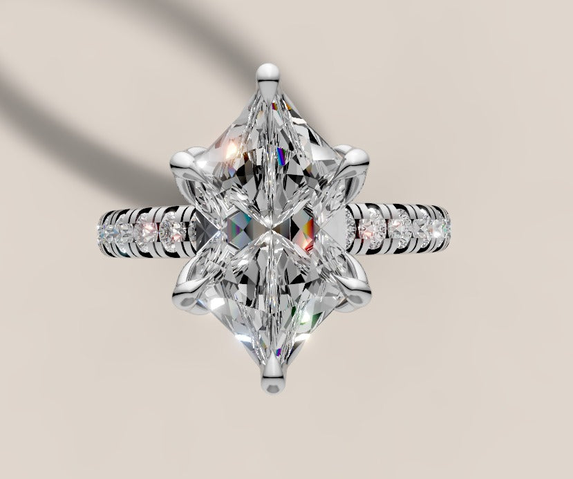 Marquise diamond solitaire with pave band in 14k gold, hand-made by Asik Jewelry Los Angeles