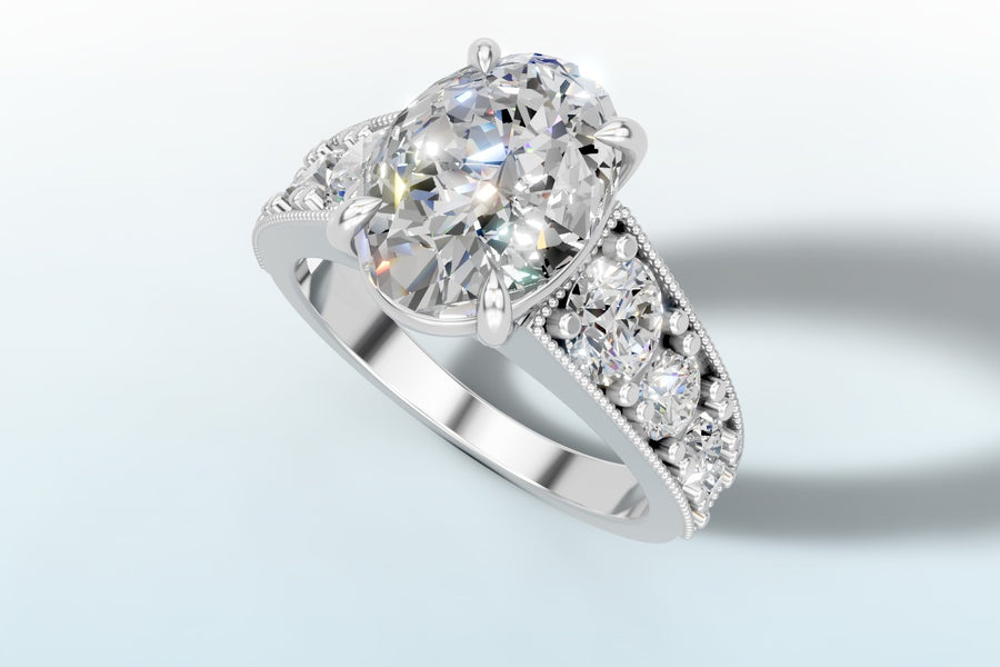 Oval diamond ring with pave band in 14k gold, hand-made by Asik Jewelry Los Angeles