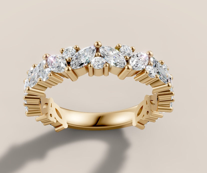 Marquise and round diamond band in 14k gold, hand-made by Asik Jewelry Los Angeles