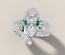 Load image into Gallery viewer, Diamond Snake Ring with Emerald Eyes in 14k Gold
