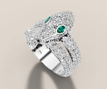 Load image into Gallery viewer, Diamond Snake Ring with Emerald Eyes in 14k Gold
