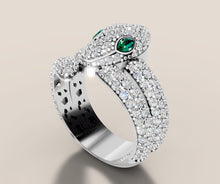 Load image into Gallery viewer, Diamond Snake Ring with Emerald Eyes in 14k Gold
