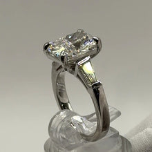 Load image into Gallery viewer, Cushion lab diamond ring with tapered baguettes in 14k white gold, three-quarter view
