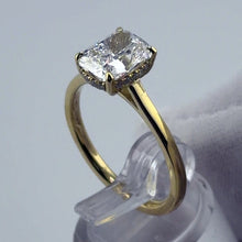 Load image into Gallery viewer, Cushion lab diamond solitaire with hidden halo in yellow gold, three-quarter view
