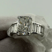 Load image into Gallery viewer, Radiant lab diamond ring with channel-set baguette band in 14k white gold, front three-quarter view
