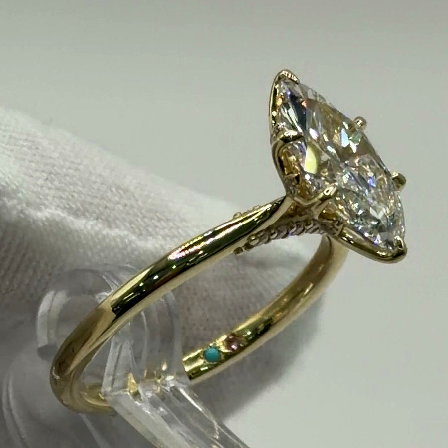 Marquise lab diamond tulip ring in 14k yellow gold, three-quarter view