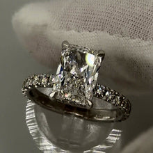 Load image into Gallery viewer, Radiant lab diamond ring with hidden halo and diamond band in 14k white gold, three-quarter view
