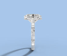 Load image into Gallery viewer, End-on view of the oval diamond ring showing the pave shank and hidden halo from the shoulder
