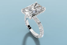 Load image into Gallery viewer, Radiant lab diamond engagement ring with hidden halo, pavé basket and three-sided pavé shank in 14k white gold, three-quarter view
