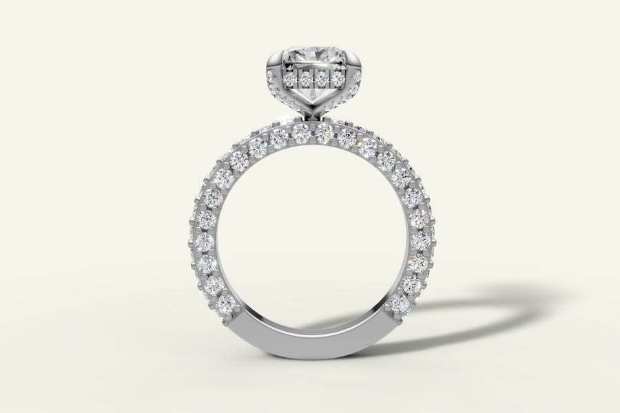 Radiant lab diamond engagement ring with hidden halo, pavé basket arms and three-sided pavé band in 14k white gold, front view