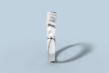 Load image into Gallery viewer, Side profile of the same five-stone sapphire and diamond band rendered in 14k white gold
