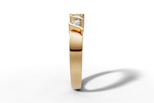 Load image into Gallery viewer, Side profile of sapphire and diamond five-stone band in 14k yellow gold showing the S-bar setting and smooth rounded shank
