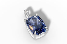 Load image into Gallery viewer, Angled view of the cushion sapphire pendant showing claw prongs and pave-set bail
