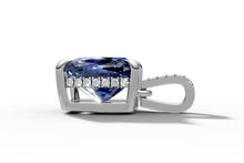 Load image into Gallery viewer, Side profile showing the row of round pave diamonds beneath the sapphire center
