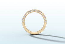 Load image into Gallery viewer, Profile view of pave dome wedding band showing the domed pave crown and polished 14k gold shank
