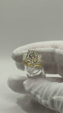 Load image into Gallery viewer, Three-stone radiant diamond engagement ring in 14k yellow gold, front view
