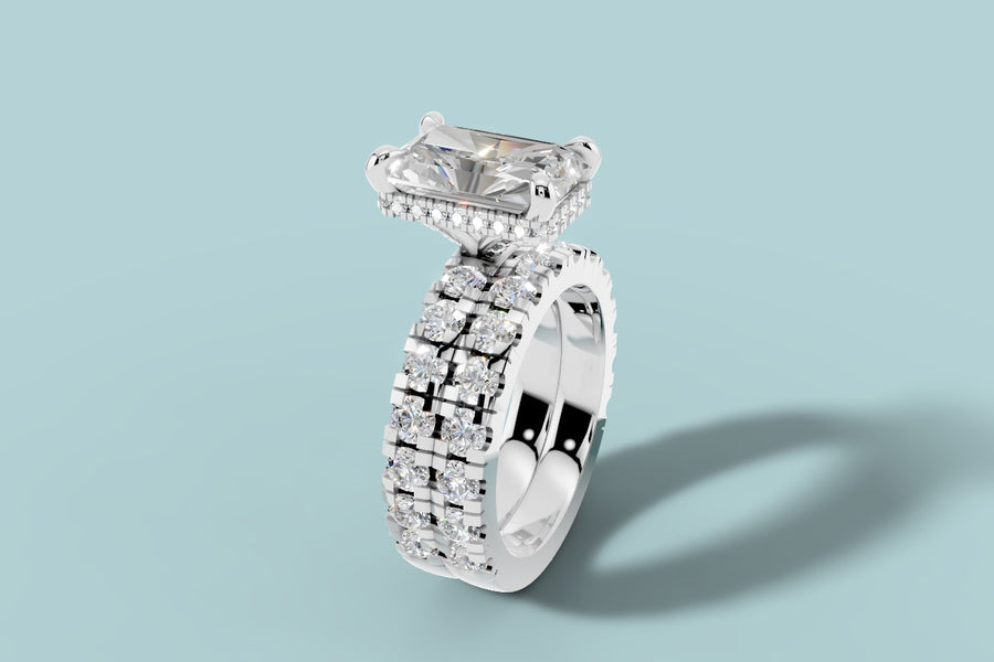 Radiant lab diamond engagement ring with hidden halo and twin pave bands in 14k white gold, three-quarter view