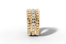 Load image into Gallery viewer, Front view of stacked triple-row 14k gold band showing pave diamond center row between two rope-twist rows
