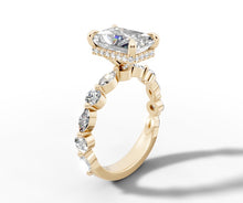 Load image into Gallery viewer, Radiant-cut lab diamond engagement ring in 14k yellow gold with pave hidden halo and east-west marquise and round diamond shank
