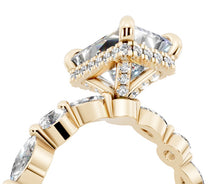Load image into Gallery viewer, Detail of the pave hidden halo and pave prong bridge under the radiant-cut center
