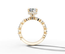 Load image into Gallery viewer, Front profile of the radiant diamond ring with marquise eternity shank in 14k yellow gold
