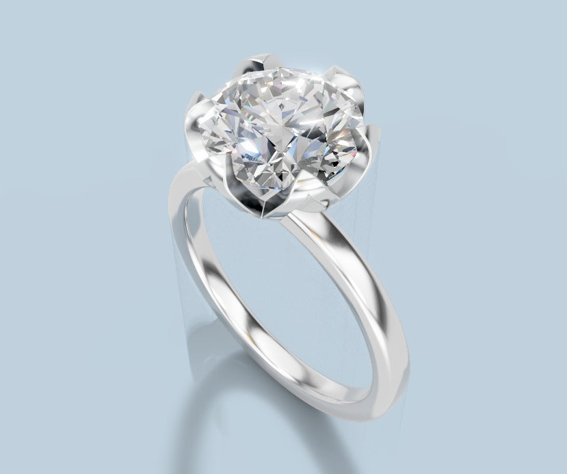 Round lab diamond solitaire engagement ring with a six-prong tulip setting and plain rounded band in 14k white gold, three-quarter view