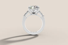 Load image into Gallery viewer, Three-stone radiant diamond ring with tapered baguettes in 14k white gold, front view
