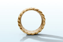 Load image into Gallery viewer, Profile view through the finger of the stacked wheat braid and diamond ring set in 14k yellow gold
