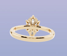Load image into Gallery viewer, Back view of pear diamond ring in 14k yellow gold showing the open petal gallery beneath the center stone
