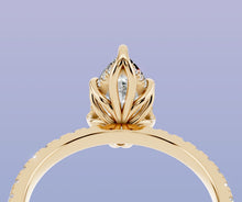 Load image into Gallery viewer, Close-up of the petal gallery and hidden halo on a pear diamond ring in 14k yellow gold
