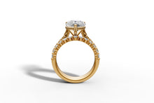 Load image into Gallery viewer, Front profile of pear diamond ring showing leaf-carved gallery and pave diamond shoulder in 14k yellow gold
