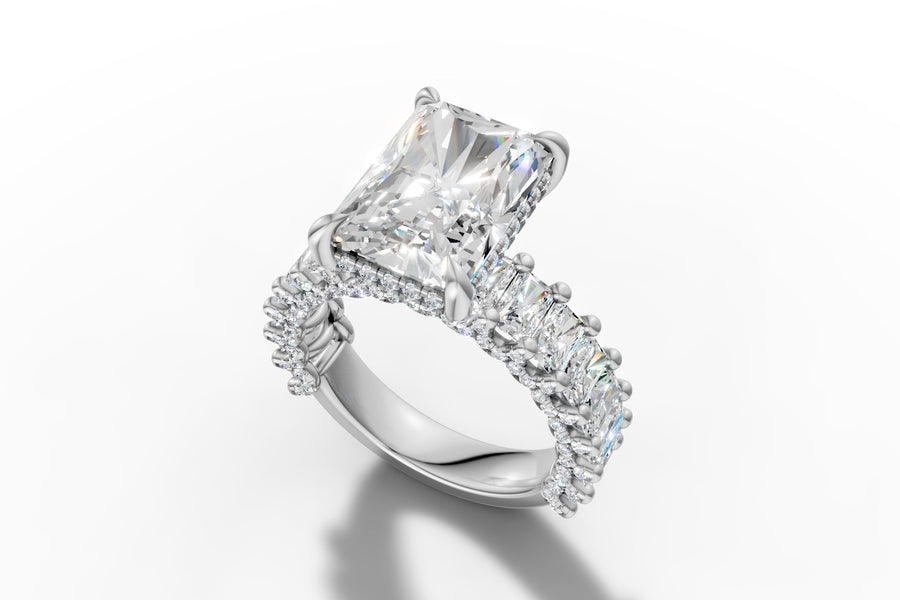 Radiant-cut lab diamond engagement ring with hidden halo and cluster pave band in 14k white gold, three-quarter view